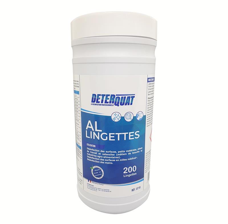 Boîte de 200 lingettes désinfectantes hydroalcooliques DETERQUAT AL contact alimentaire sans rinçage.