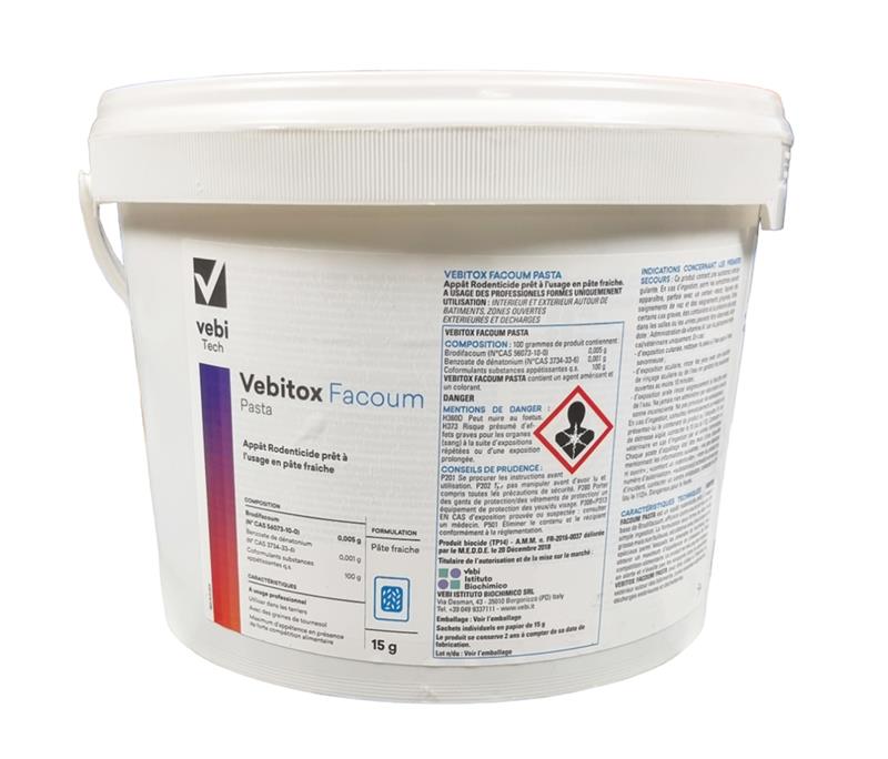 Seau de 5 kg de raticide Vebitox Facoum Pasta, appât professionnel en pâte fraîche bleue pour la lutte contre les rats et souris.