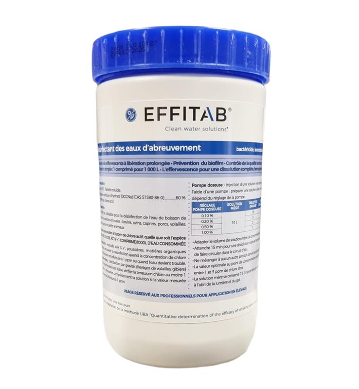 Pot de 60 comprimés effervescents Effitab pour la désinfection de l'eau d'abreuvement animale, solution bactéricide et virucide à libération prolongée.