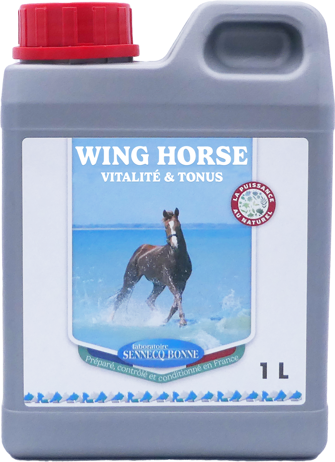 Bidon gris de WING-HORSE 24 du Laboratoire Sennelco Bonne, solution tonique et vitaminée pour chevaux, stimulant la vitalité, la récupération et la résistance à l’effort.