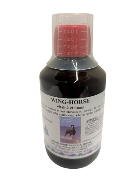 Flacon Wing-Horse 250ml Sennecq-Bonne, complément alimentaire vitalité et tonus pour chevaux avec bouchon doseur.