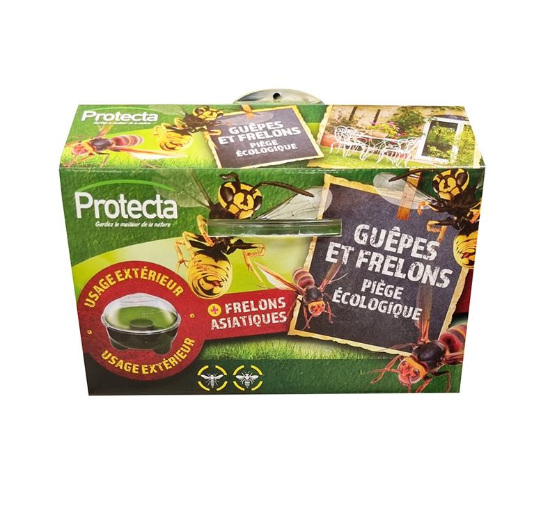 Boîte d'emballage du piège écologique PROTECTA pour guêpes et frelons, utilisable en extérieur pour protéger l'habitation.