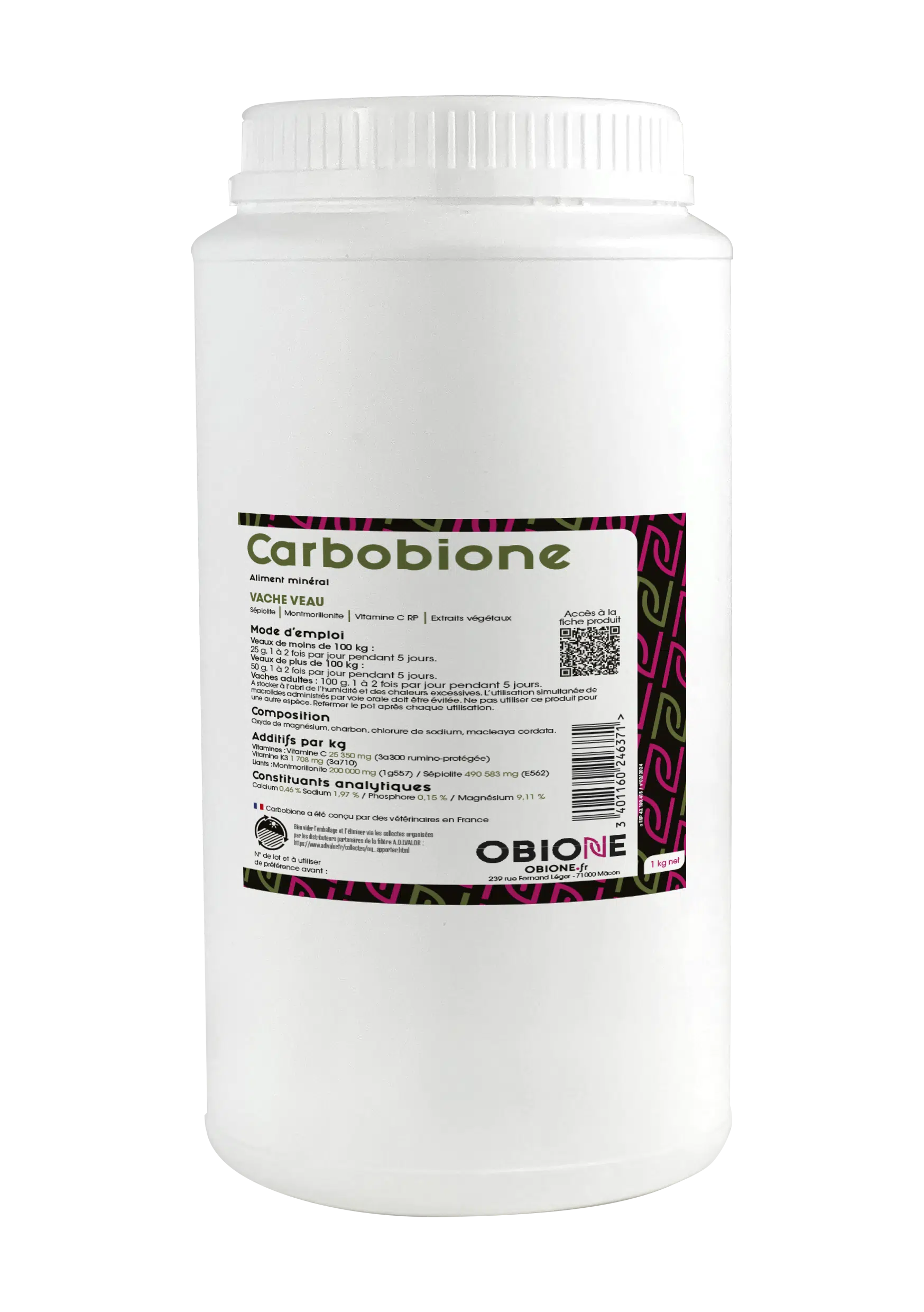 Pot blanc de 1 kg de Carbobione par Obione, aliment minéral vétérinaire pour veaux et vaches à base d'argile, charbon et vitamine C rumino-protégée.