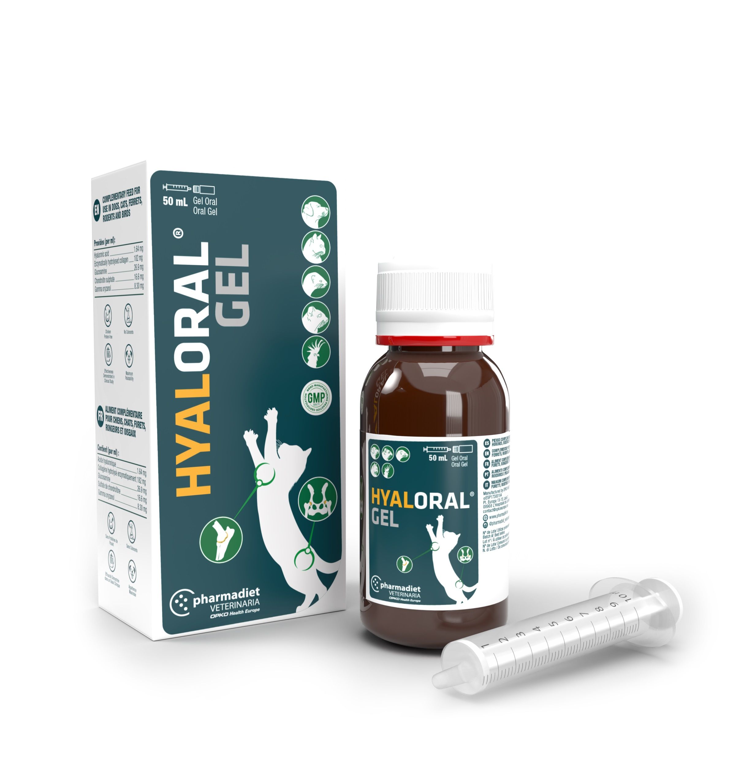 Boîte et flacon de 50 ml de Hyaloral Gel oral Pharmadiet, complément articulaire pour chiens, chats et NAC avec seringue graduée.