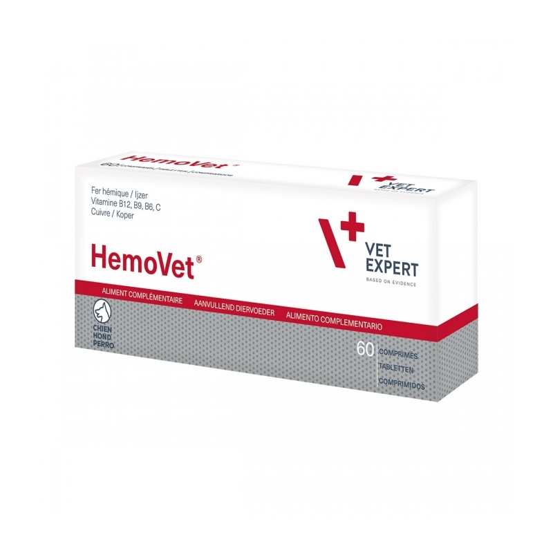 Boîte HemoVet 60 comprimés Vet Expert, complément en fer hémique pour chien anémié.