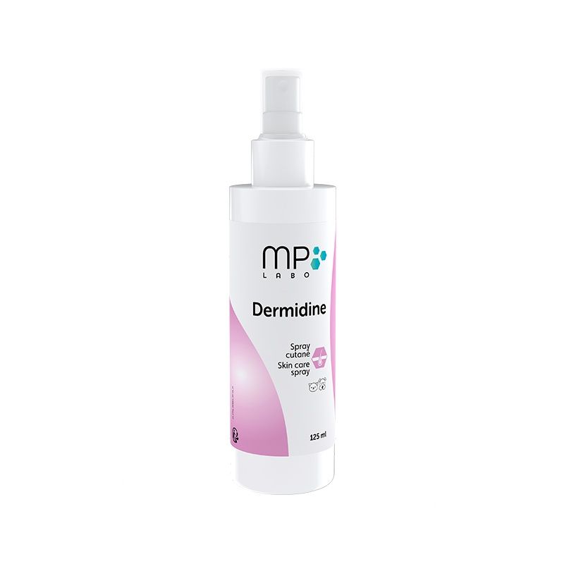 Spray Dermidine MP Labo 125 ml pour chien et chat, soin cutané nettoyant et apaisant pour peaux sensibles.