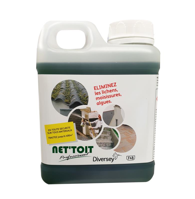Bidon de 1L de démoussant NET'TOIT Professionnel Diversey pour toitures, façades et monuments historiques.