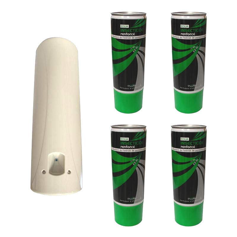 Pack complet diffuseur automatique blanc et 4 recharges XXL 400ml insecticide pyrèthre renforcé.
