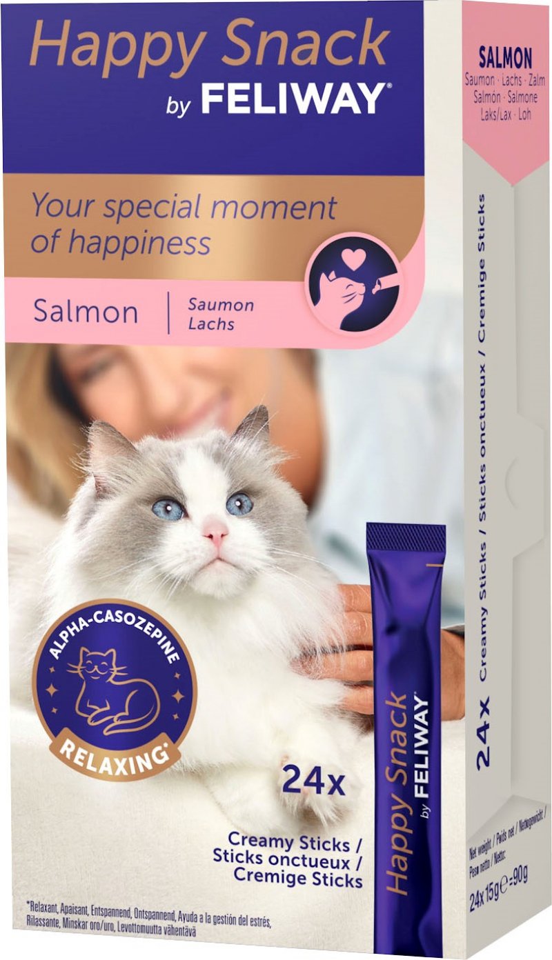 Boîte violette et rose de Happy Snack by FELIWAY au saumon contenant 24 sticks onctueux pour l'apaisement des chats, avec label Saumon MSC.