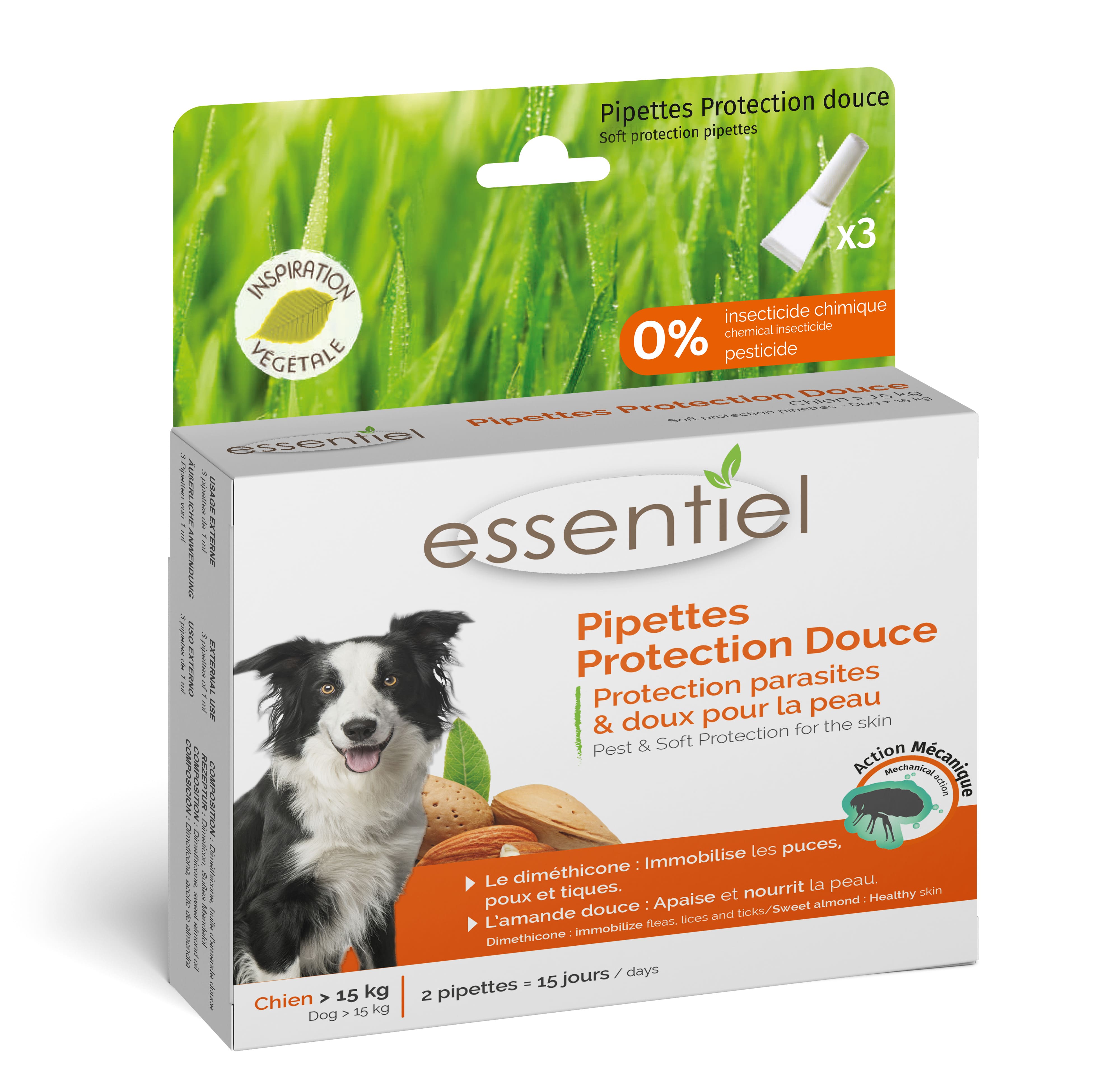 Boite de 3 pipettes antiparasitaires Essentiel Protection Douce dimethicone pour grand chien de plus de 15kg.