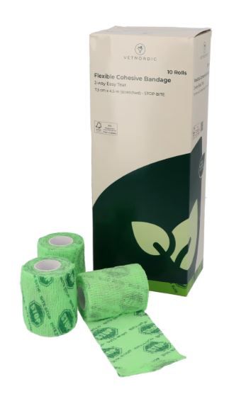 Bande cohésive large 7,5cm VetNordic Stop Bite anti-morsure pour chien moyen.