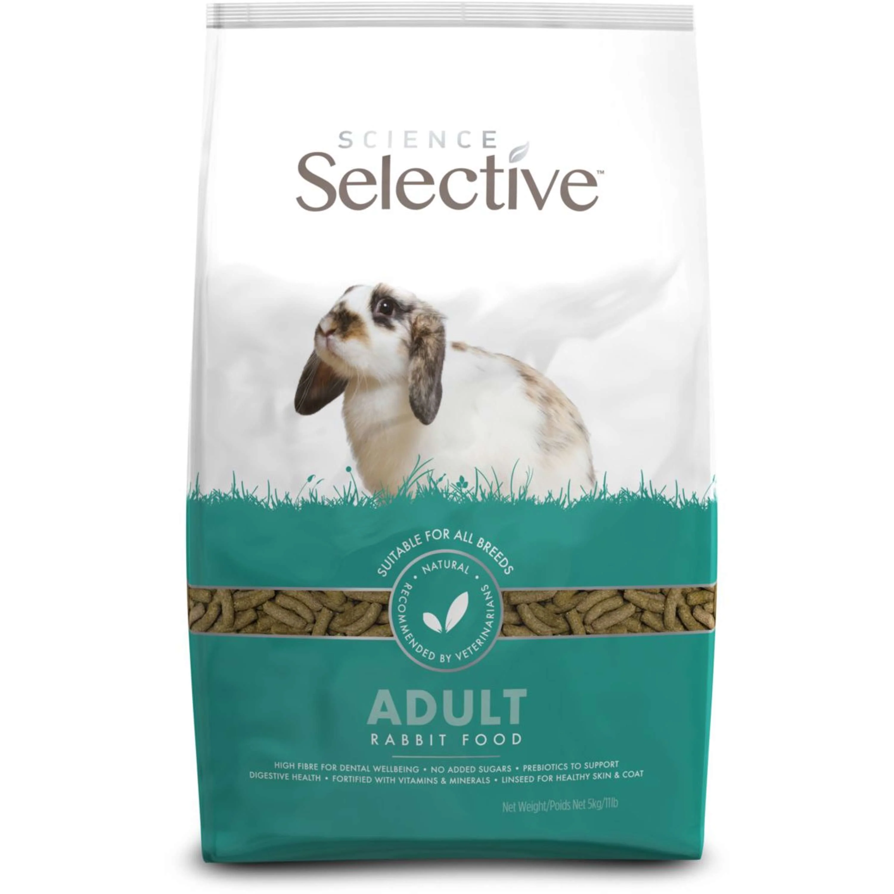 Sachet grand format de 3 kg d'extrudés Supreme Science Selective Lapin Adult avec visuel de lapin bélier tacheté.