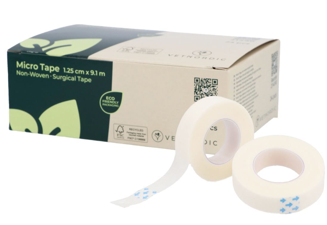 Boîte 24 rouleaux sparadrap non-tissé 1.25cm VetNordic micro tape chirurgie vétérinaire.