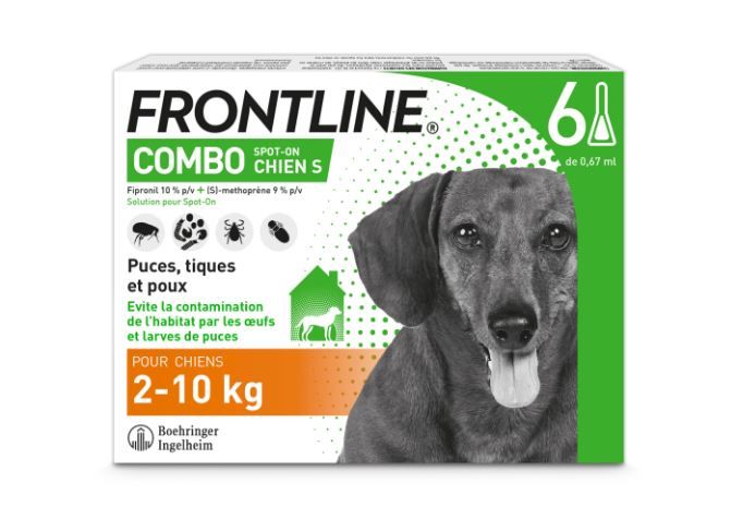Boîte Frontline Combo Chien S 2-10kg 6 pipettes traitement économique 6 mois.