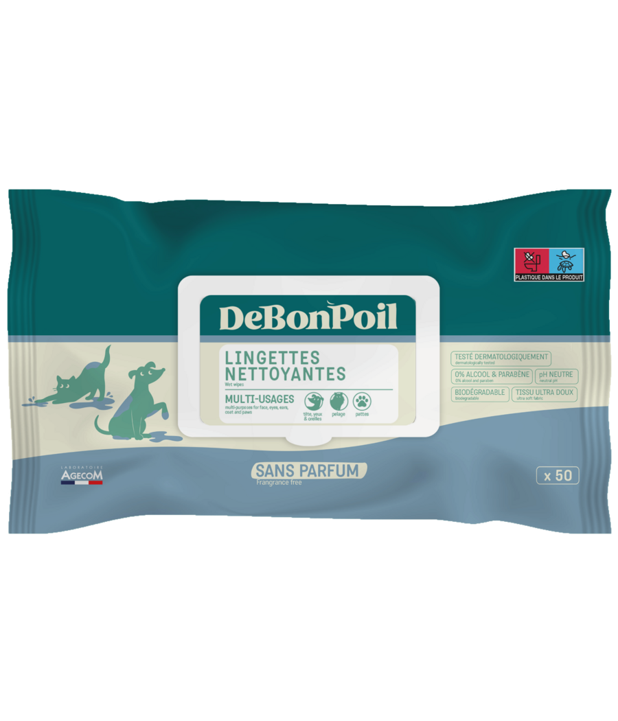 Paquet de 50 lingettes nettoyantes DeBonPoil sans parfum pour chien et chat multi usages
