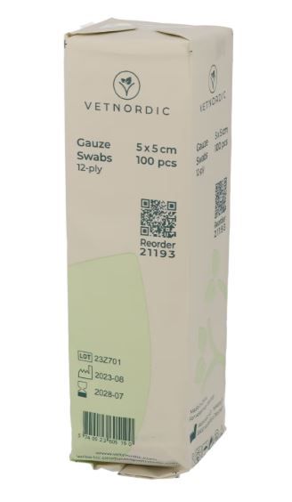 Boîte compresses gaze VetNordic 5x5cm bords pliés 12 plis non stérile réf 21193.