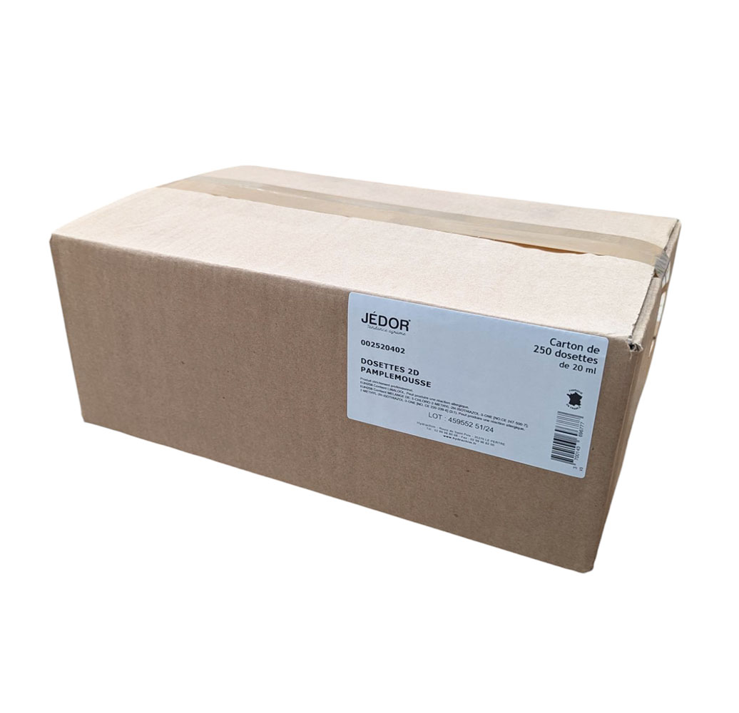 Carton de 250 dosettes JEDOR 2D Pamplemousse nettoyant désodorisant pro sans rinçage.