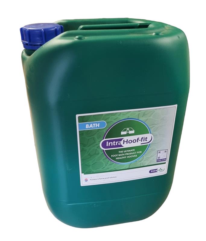 Bidon vert de 10 litres de HOOF FIT BATH par Intracare, solution pour pédiluve destinée à la santé des onglons.