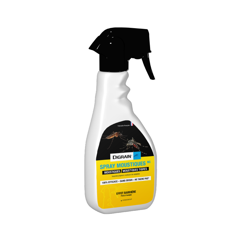 Flacon pulvérisateur blanc de 500 ml Digrain Spray Moustiques et Moustiques Tigres, étiquette jaune et noire indiquant un effet barrière et une mortalité de 100%.