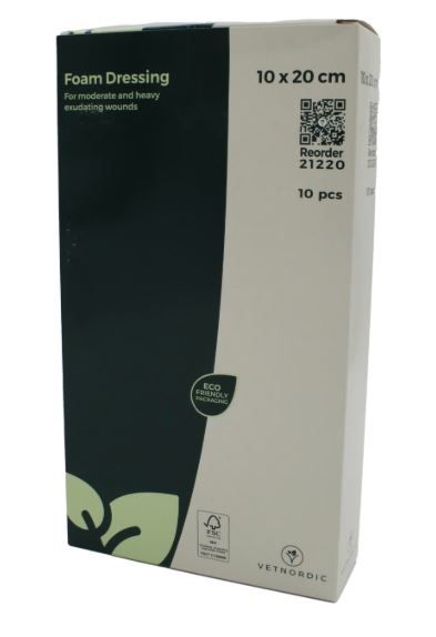 Pansement mousse rectangulaire VetNordic 10x20 cm pour incision chirurgicale.