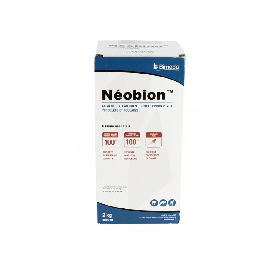 Boîte de 2 kg de lait maternisé NEOBION de Zootech, aliment d'allaitement complet pour poulains, veaux et porcelets, riche en lait écrémé.