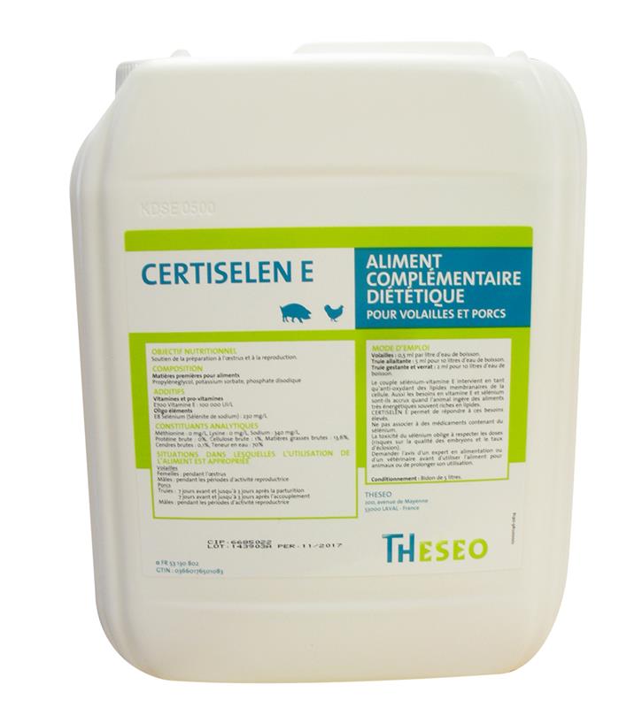 Bidon blanc de 5 litres de CERTISELEN E THESEO, aliment complémentaire diététique pour volailles et porcs riche en sélénium et vitamine E