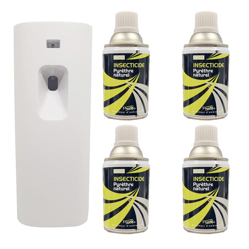 Pack complet diffuseur insecticide automatique blanc avec 4 recharges pyrèthre végétal 250ml.
