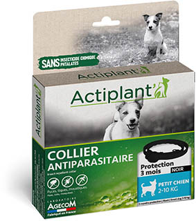 Boîte cartonnée blanche et verte de Collier Antiparasitaire noir Actiplant' pour petit chien de 2 à 10 kg fabriqué en France.