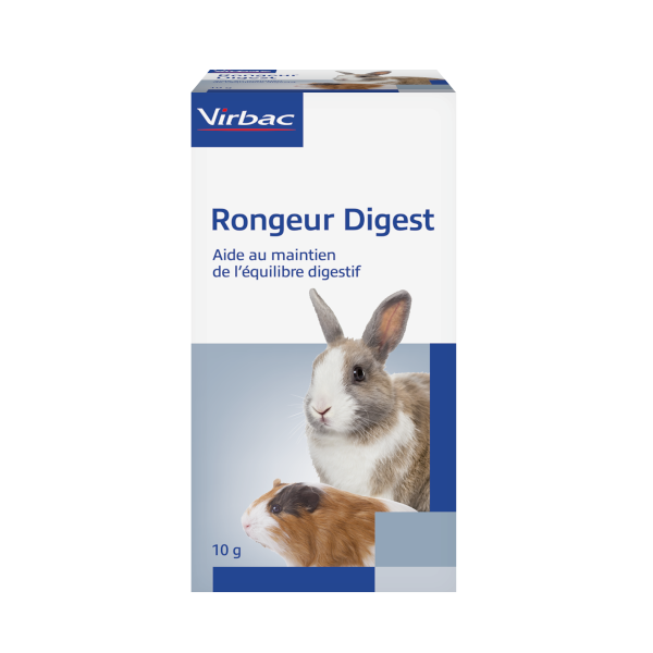 Boîte blanche et bleue Rongeur Digest de Virbac (10 g) avec l'illustration d'un lapin et d'un cochon d'Inde, solution pour l'équilibre digestif.