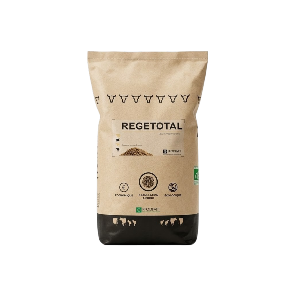 Sac de 25 kg REGETOTAL poudre, complément économique et écologique pour l'hygiène et la digestion en élevage.