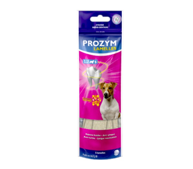 Petit sachet violet et fuchsia de 5 lamelles de soin dentaire Prozym S pour chien de 5 à 15 kg avec photo de chien Jack Russell.