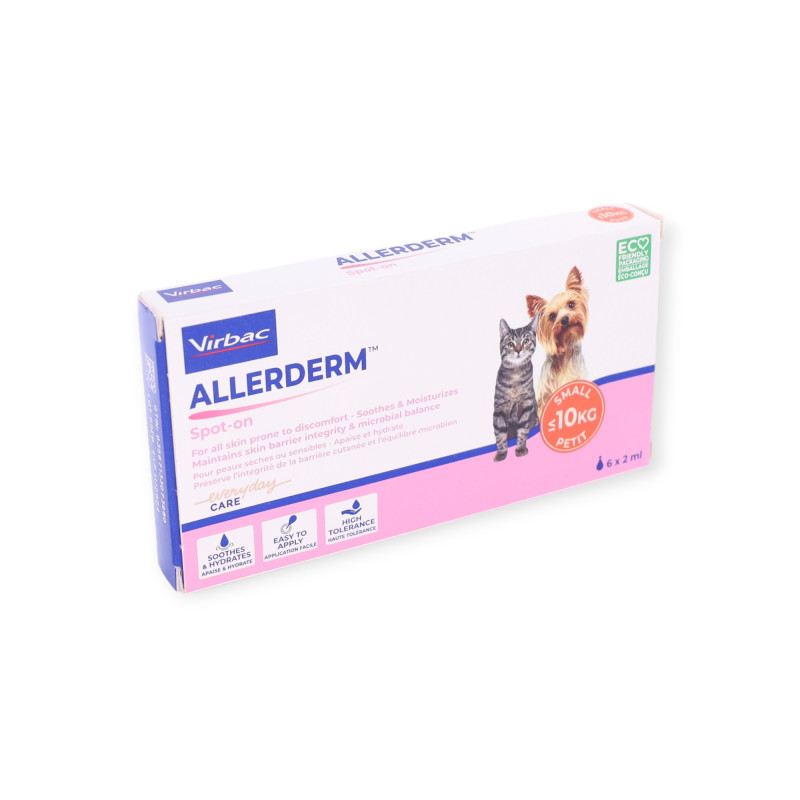 Allerderm Spot-On 6 x 2 ml Virbac – soin cutané réparateur pour chien et chat à peau sensible, hydratation et barrière cutanée renforcée.