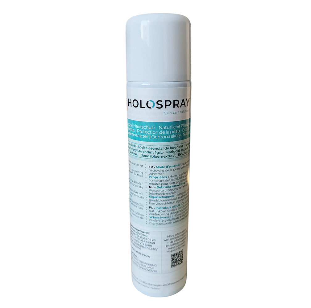 Aérosol Holospray de 300 ml, solution d'hygiène cutanée à l'huile de lavandin et extrait de souci pour toutes les espèces animales.