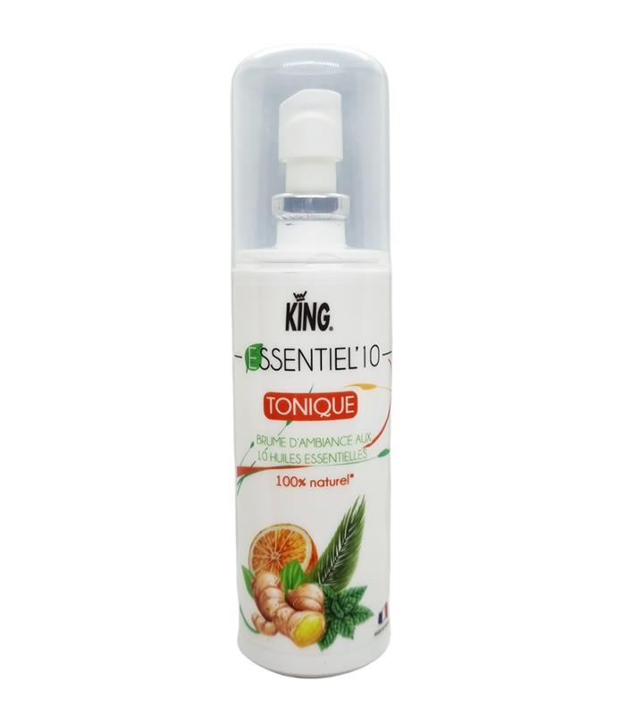 Flacon spray King Essentiel'10 Tonique de 75 ml, brume d'ambiance 100% naturelle certifiée Ecocert, illustrée avec des agrumes, du gingembre et de la menthe.