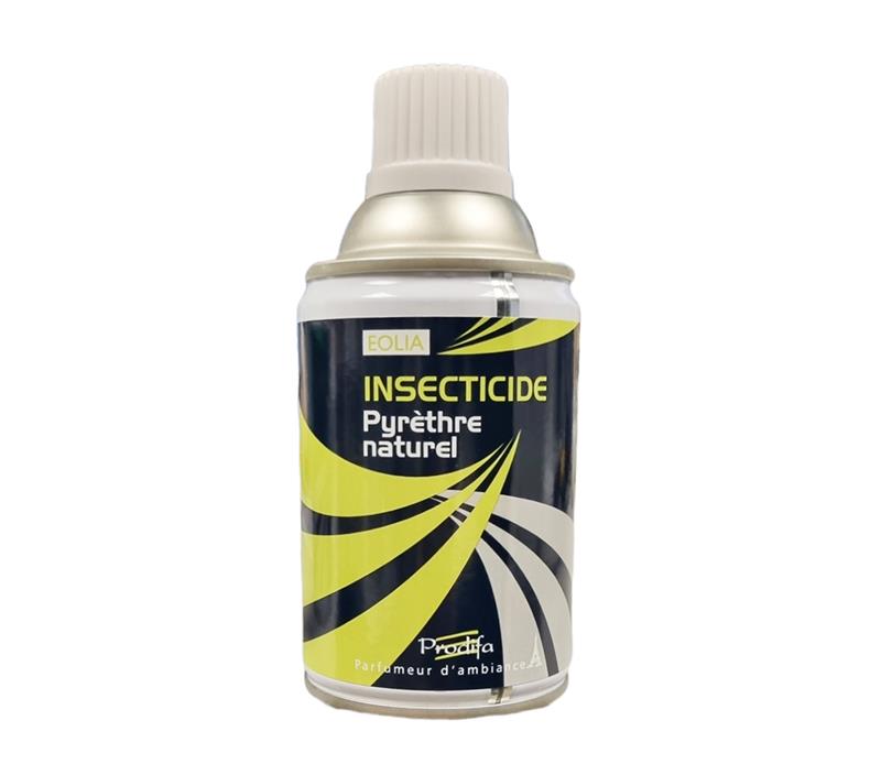 Recharge insecticide Prodifa Eolia 250 ml au pyrèthre naturel, non parfumée, munie d'un embout diffuseur blanc pour usage automatique ou manuel.