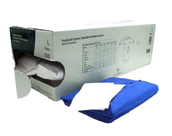 Boîte de 10 blouses chirurgicales Vetnordic taille L stériles bleues hydrofuges avec essuie-mains inclus