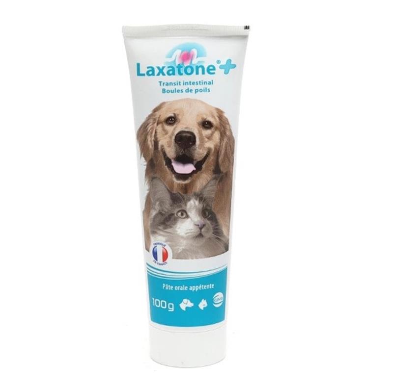 Tube de 100 g de Laxatone+ Vetoquinol, pâte orale appétente pour le transit intestinal et les boules de poils chez le chien et le chat.