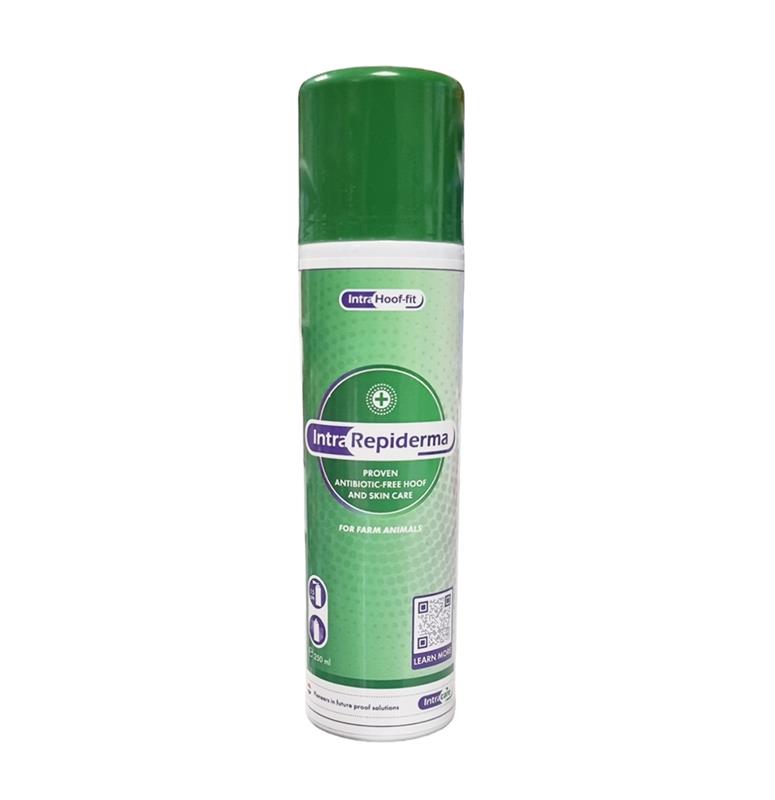 Aérosol Repiderma Hoof Fit de 250 ml par Intra Care, spray vert protecteur pour la peau et les sabots des animaux d'élevage.