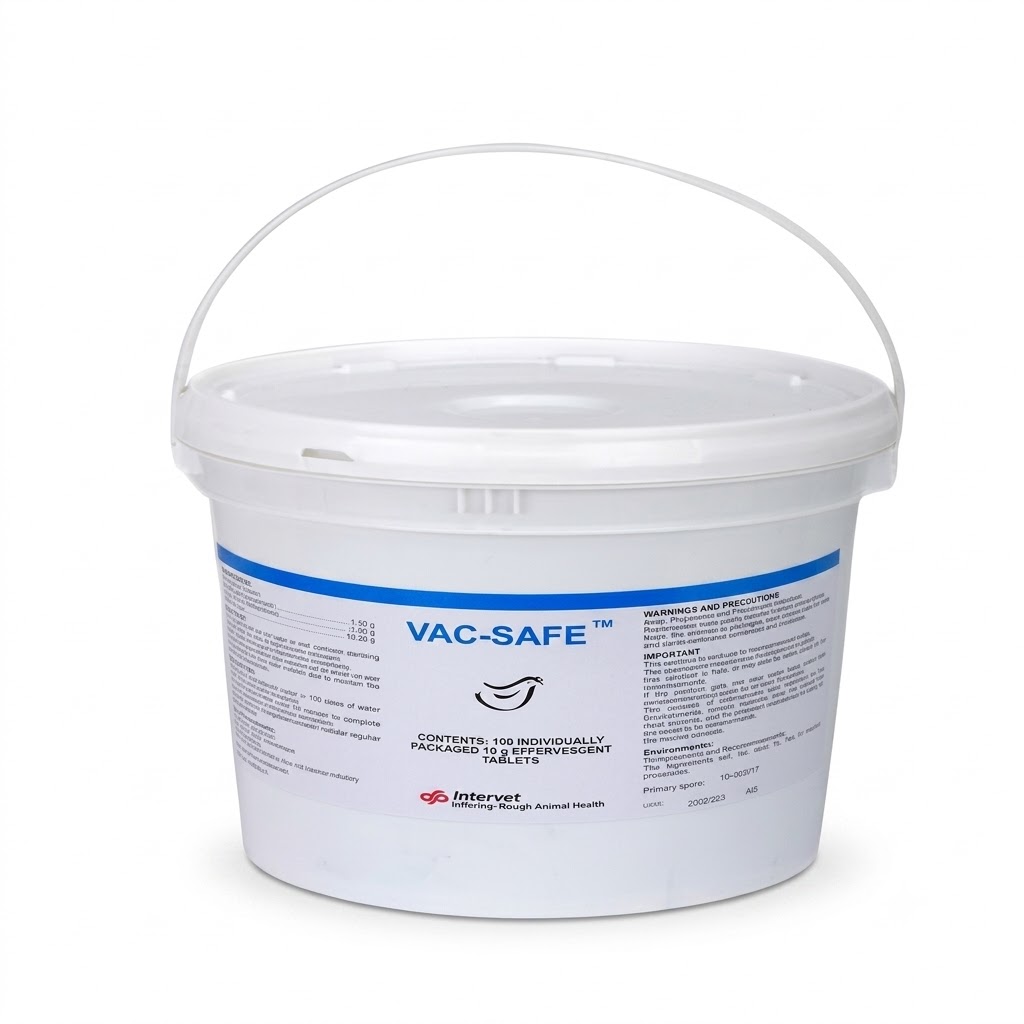 Seau 100 comprimés VAC-SAFE neutralisant chlore colorant bleu vaccination volaille
