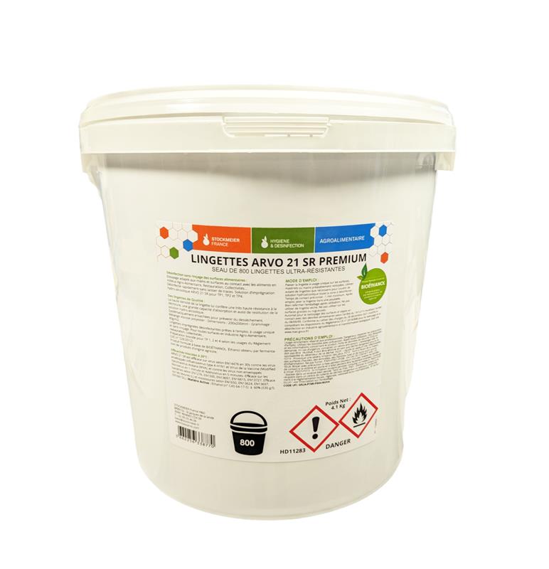 Seau distributeur blanc de 800 lingettes désinfectantes bleues ARVO 21 SR Premium Stockmeier, solution sans rinçage pour surfaces agroalimentaires.