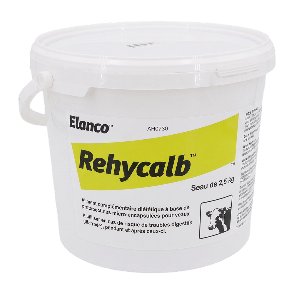Seau blanc de 2,5 kg d'aliment diététique Rehycalb d'Elanco aux protopectines micro-encapsulées pour les troubles digestifs du veau.