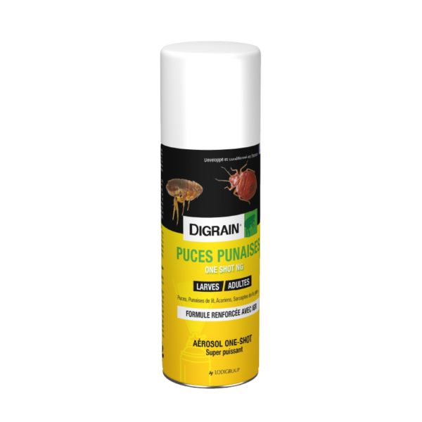 Aérosol Digrain Puces Punaises One Shot 150ml avec IGR pour larves et adultes.