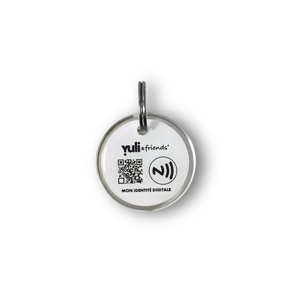 Médaille connectée Yuli holographique argentée motif patte NFC QR code chien chat