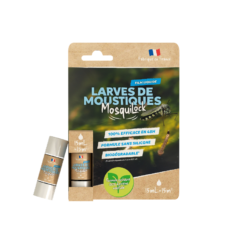 Flacon de 15 ml MOSQUILOCK Larves de Moustiques, solution liquide d'origine végétale fabriquée en France pour traiter les eaux stagnantes.