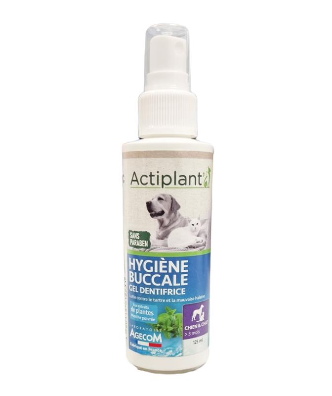 Flacon pompe gel dentifrice Actiplant chien chat menthe poivrée anti-tartre.