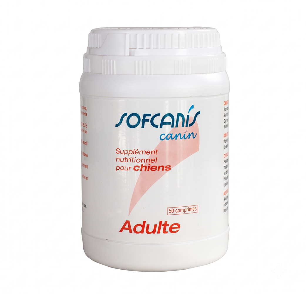 Flacon pilulier blanc de 50 comprimés de supplément nutritionnel Sofcanis Canin Adulte pour la vitalité du chien.