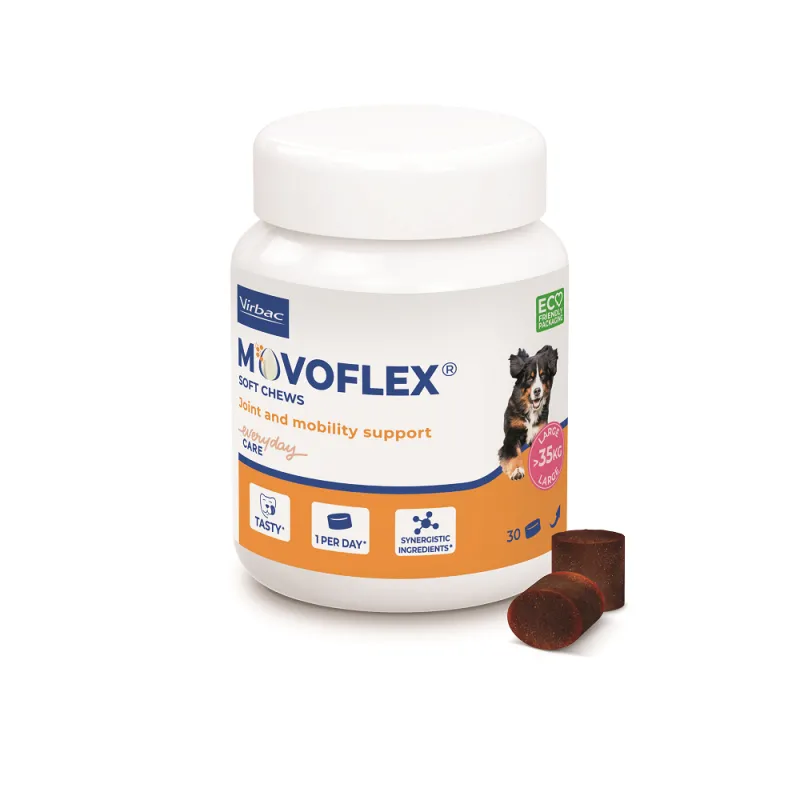 Pot blanc de MOVOFLEX L Virbac contenant 30 bouchées moelleuses pour le soutien articulaire des chiens de plus de 35 kg.