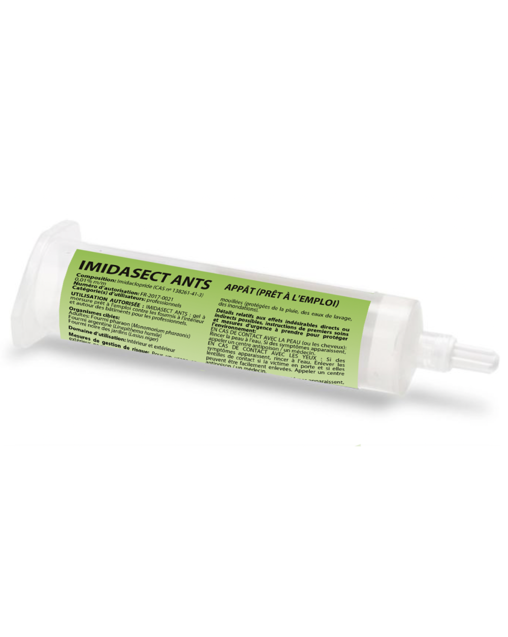 Cartouche de gel appât insecticide transparent de 35 g IMIDASECT ANTS avec étiquette verte pour applicateur professionnel.