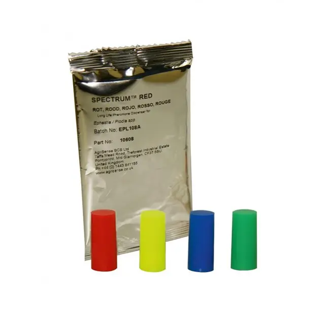 Capsule de phéromone cylindrique de couleur bleue pour le piégeage et le monitoring des mites alimentaires, compatible avec le système Funnel Trap.