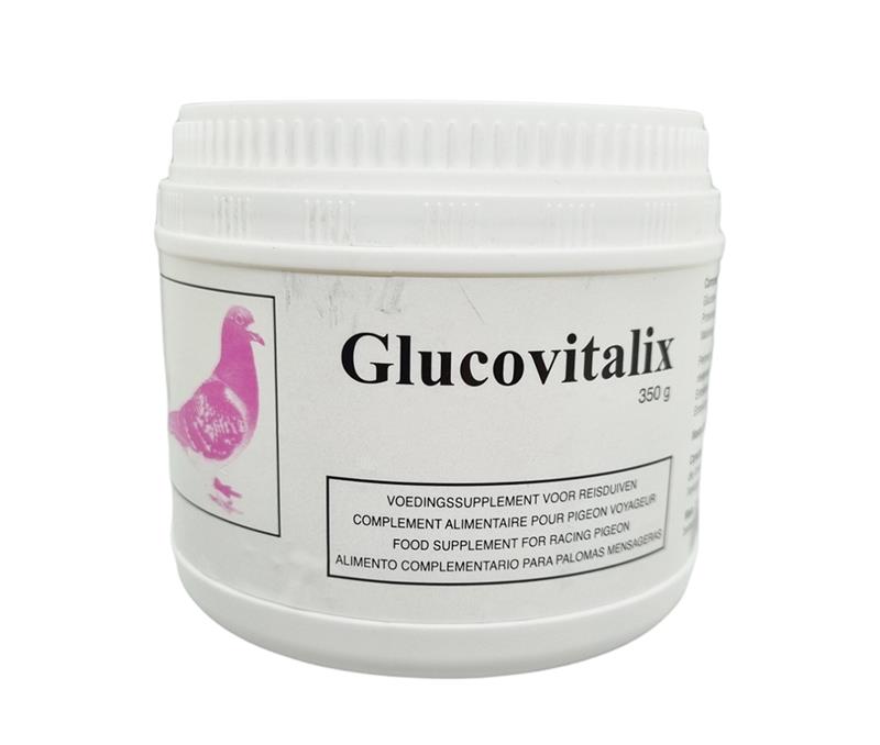 Boîte blanche de 350g de GLUCOVITALIX Laboratoire Moureau, complément alimentaire énergétique pour pigeon voyageur avec visuel de pigeon rose.
